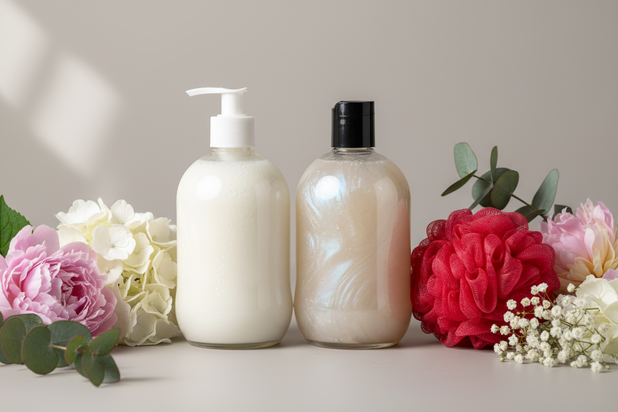 clear boston bell bottle with white lotion and white pump with a clear boston bell bottle with pearly body wash inside with a black cap with a red shower scrunchie surrounded by flowers no labels