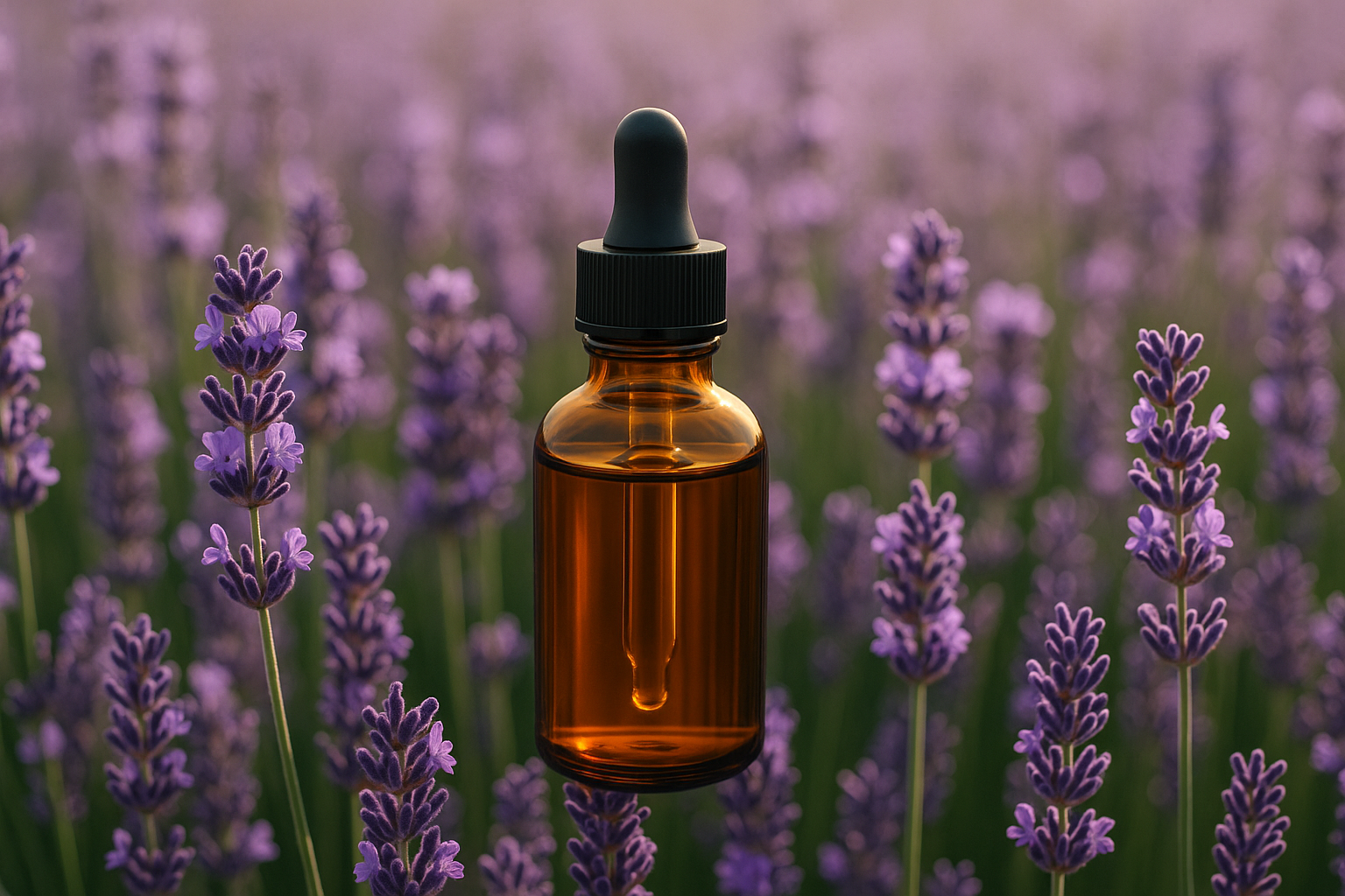 amber serum bottle in lavender field