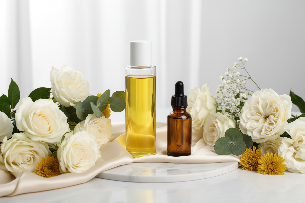 amber serum bottle with black dripper cap with a cylindrical clear bottle with yellow oil inside with a white cap as a gift set surrounded by flowers the serum bottle must be smaller than the other bottle below halfway