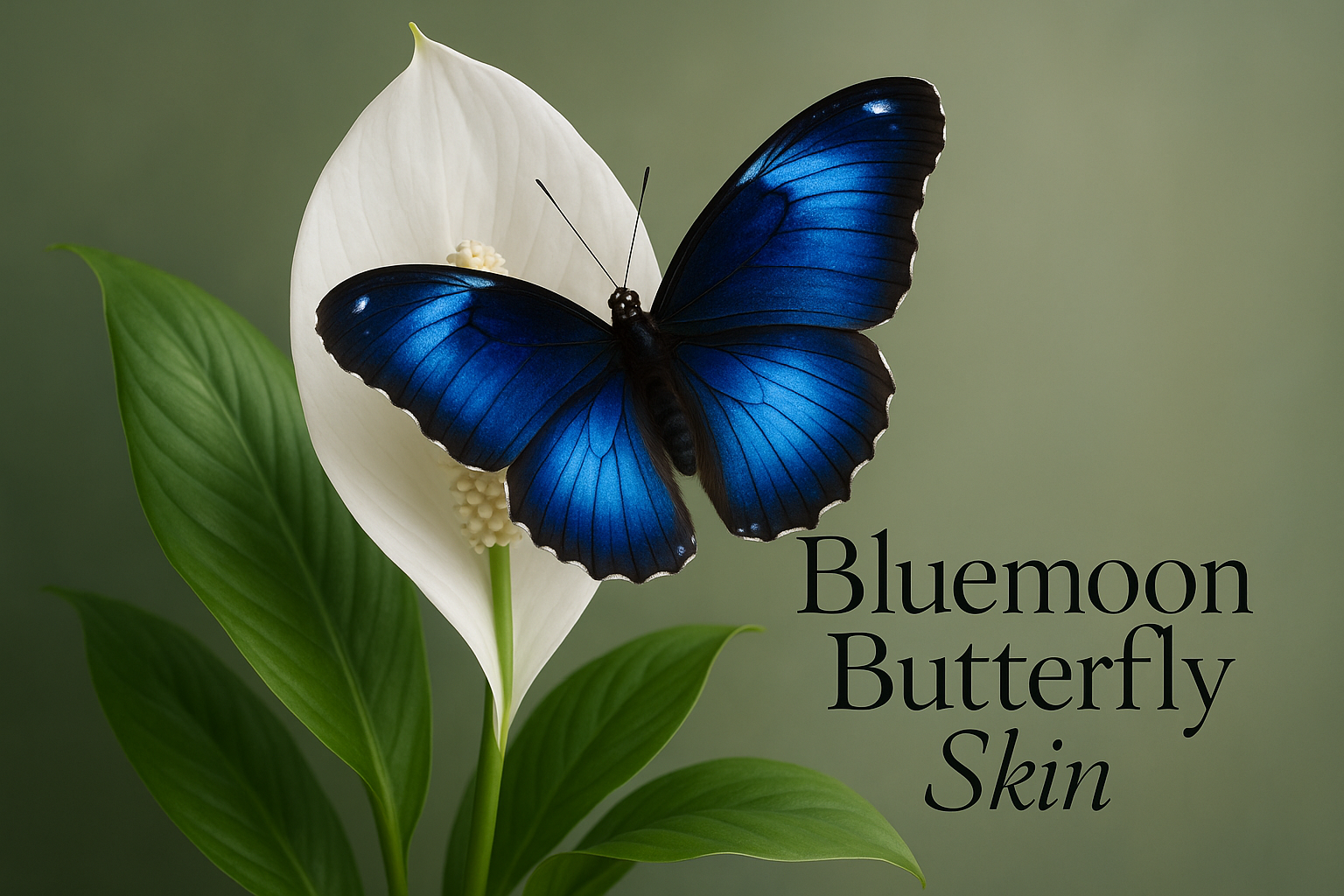 bluemoon butterfly on a white peacelilly  with text Bluemoon Butterfly Skin