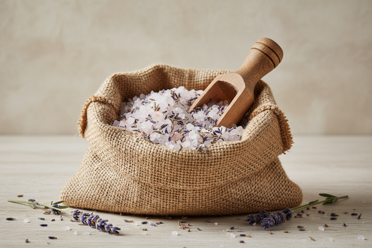course bath salt with lavender petals in a hessian bag with a wooden scoop
