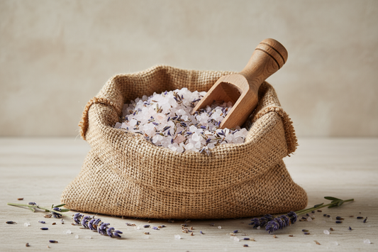 course bath salt with lavender petals in a hessian bag with a wooden scoop