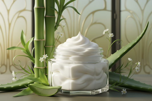 hexagonal glass jar without a lid without label filled with white whipped body butter with bamboo and aloe