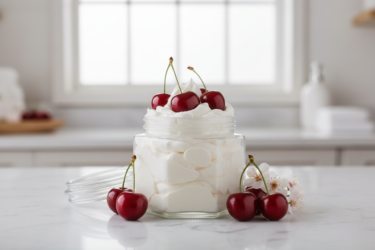 hexagonal glass jar without a lid without label filled with white whipped body butter with cherries
