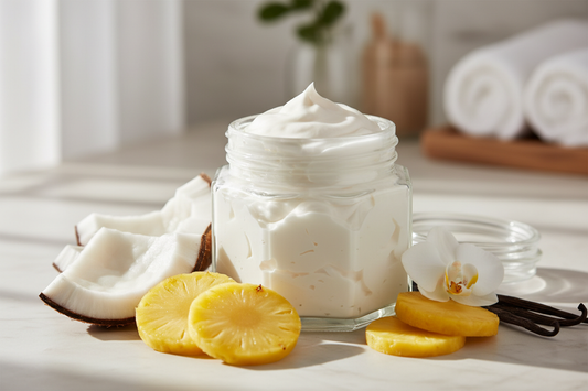 hexagonal glass jar without a lid without label filled with white whipped body butter with coconut pineapple and vanilla next to it