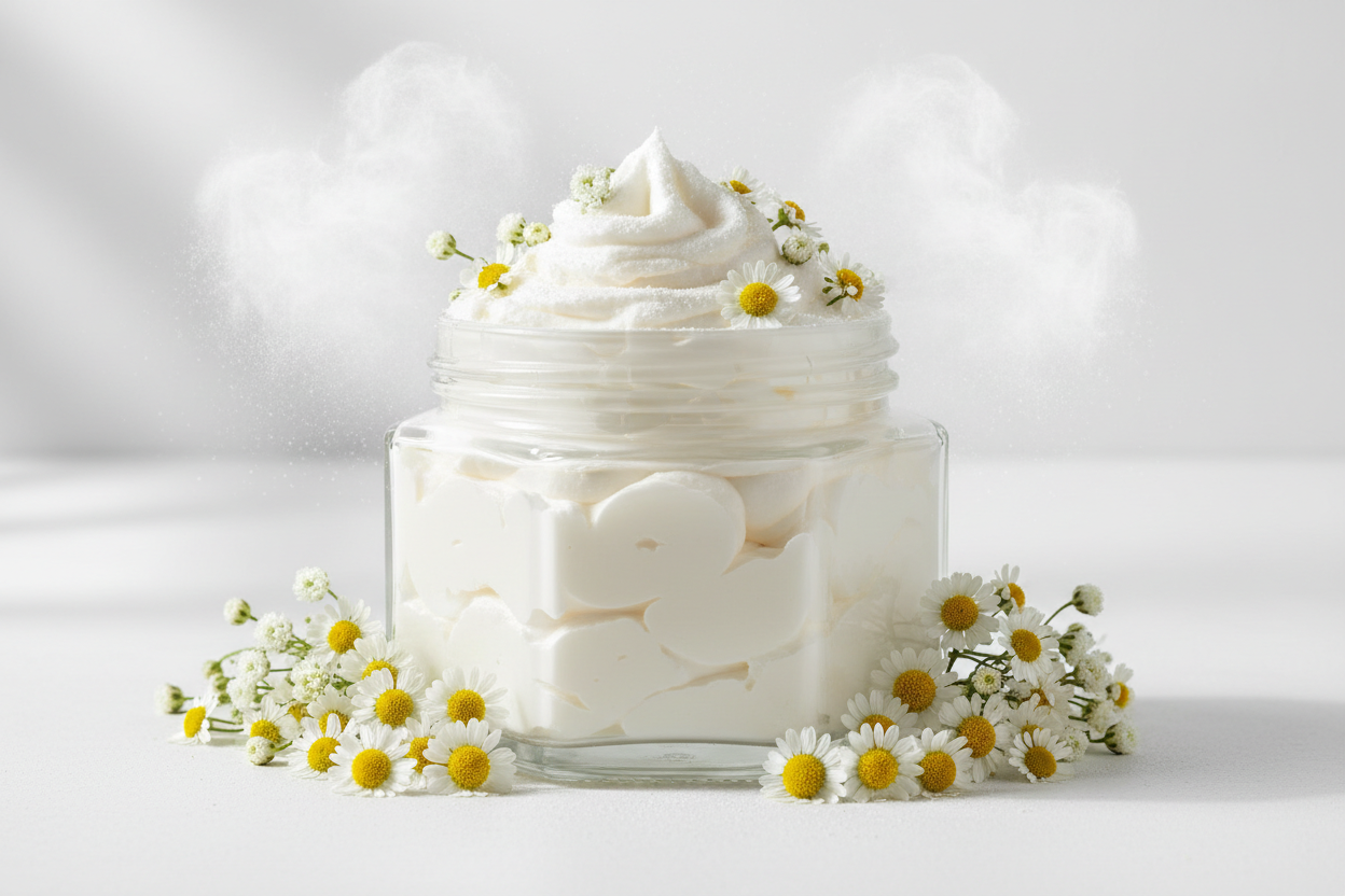 hexagonal glass jar without a lid without label filled with white whipped body butter with delicate white field flowers and puffs of powder