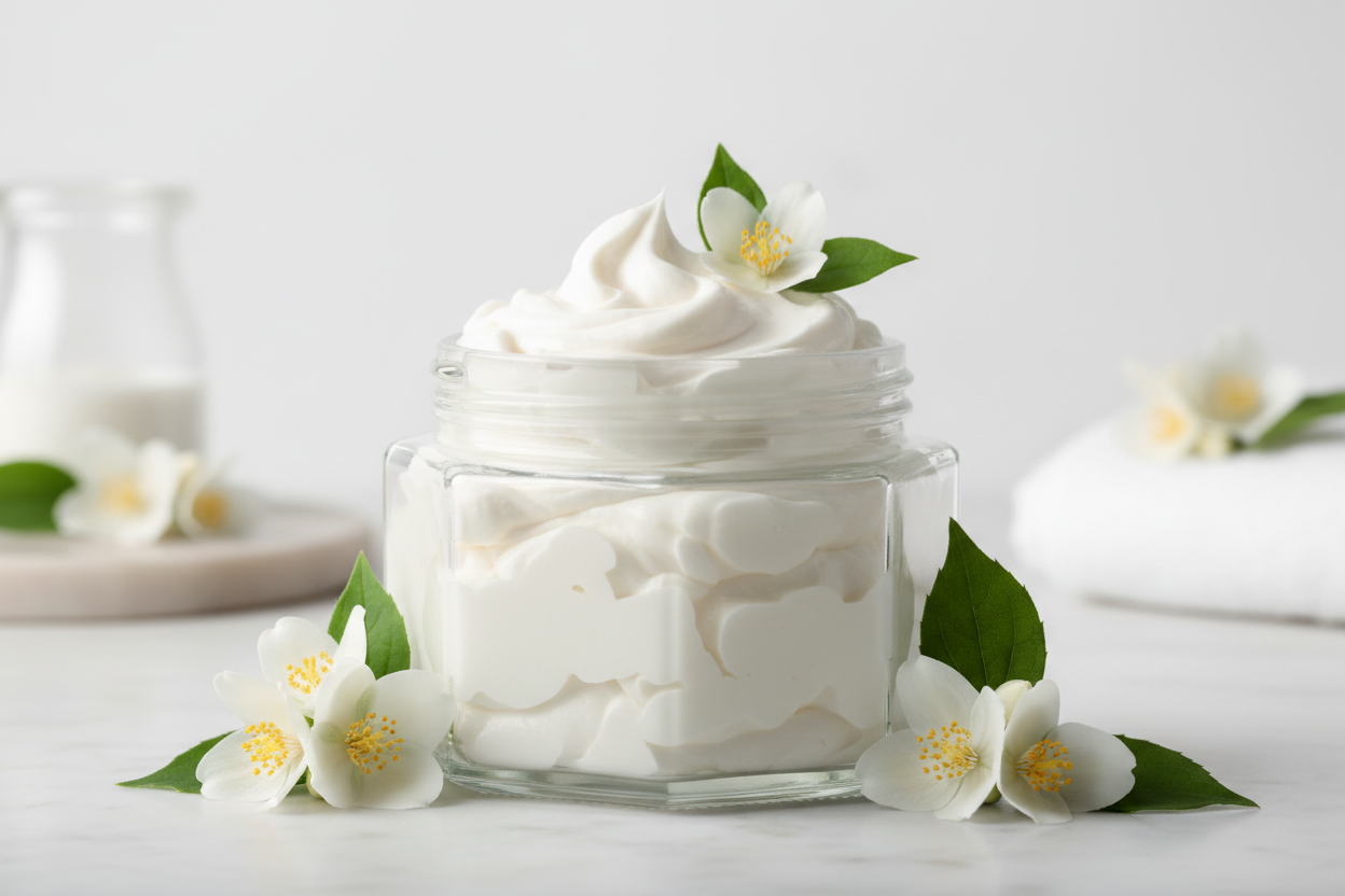 hexagonal glass jar without a lid without label filled with white whipped body butter with jasmine flowers