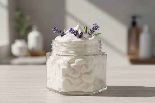 hexagonal glass jar without a lid without label filled with white whipped body butter with lavender flowers
