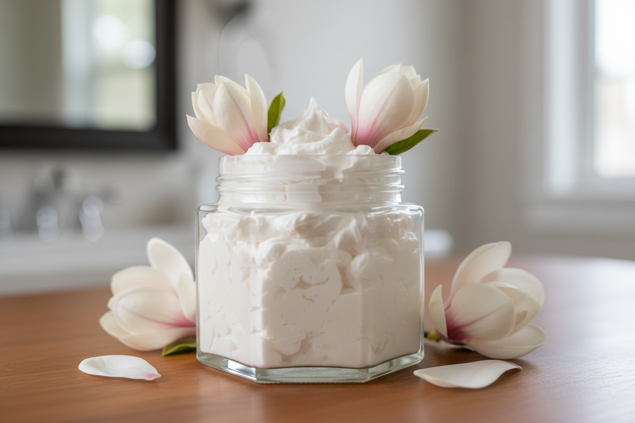 hexagonal glass jar without a lid without label filled with white whipped body butter with magnolia flowers