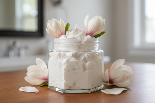 hexagonal glass jar without a lid without label filled with white whipped body butter with magnolia flowers