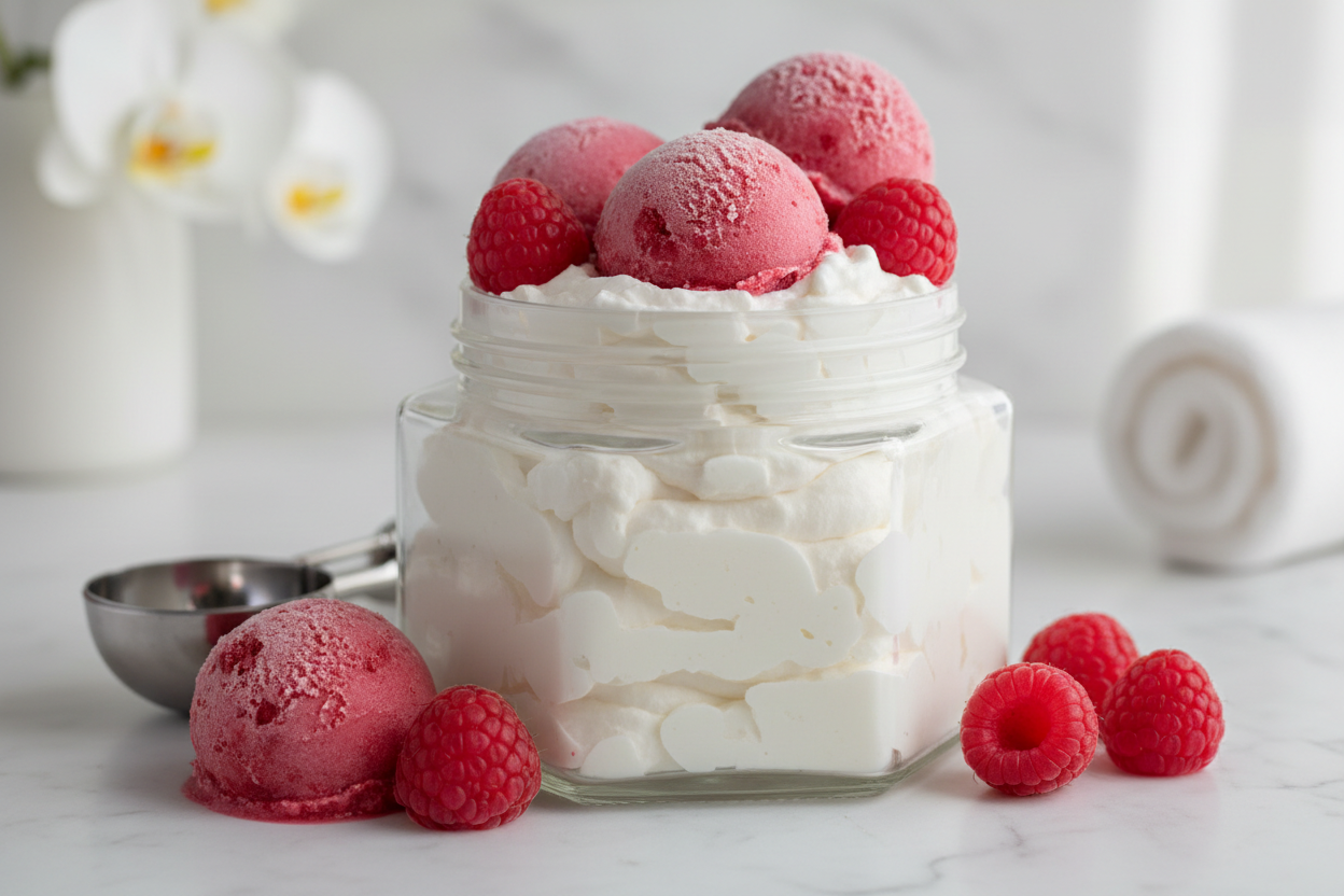 hexagonal glass jar without a lid without label filled with white whipped body butter with raspberries and scoops of raspberry sorbet