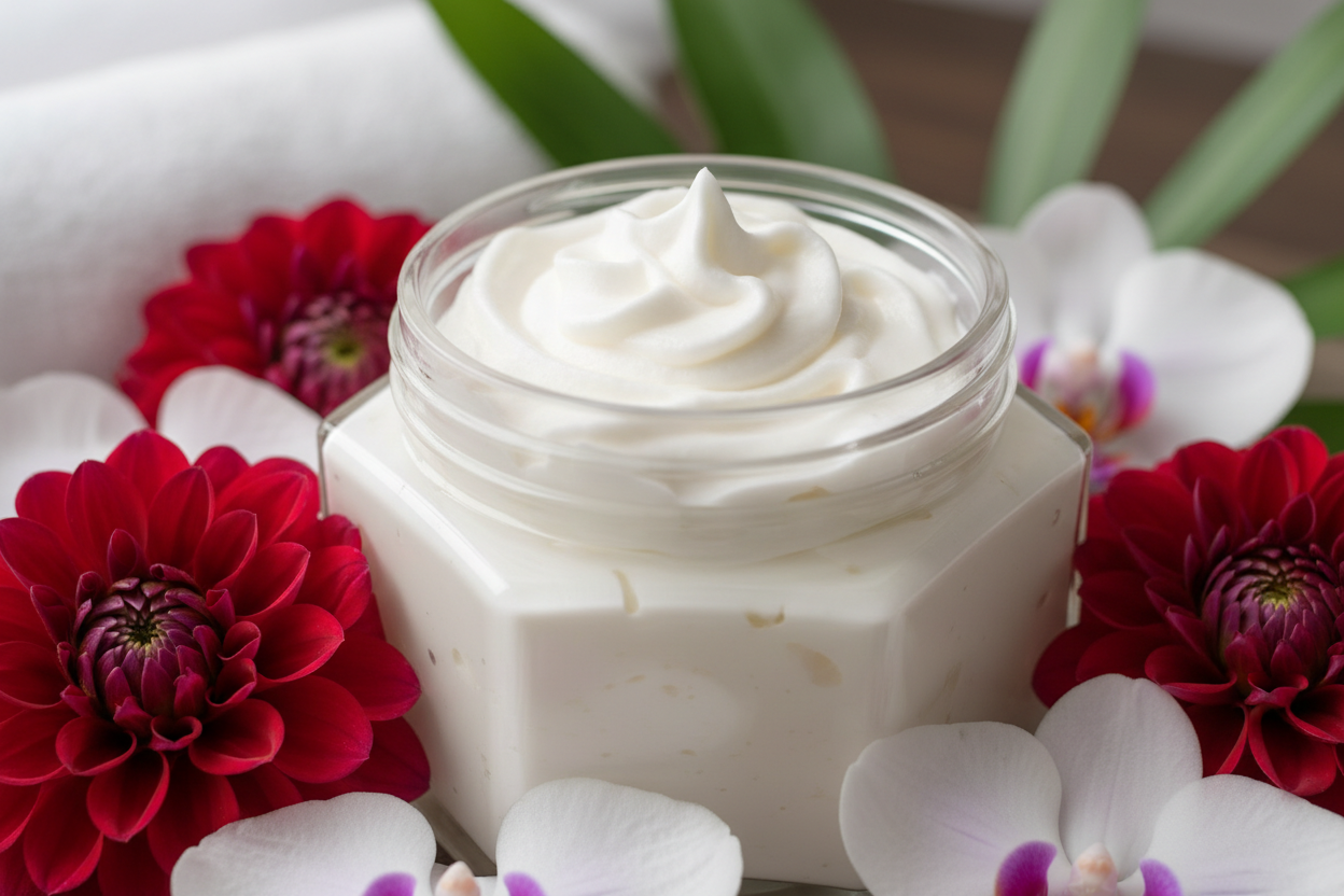 hexagonal glass jar without a lid without label filled with white whipped body butter with red dahlia and orchids