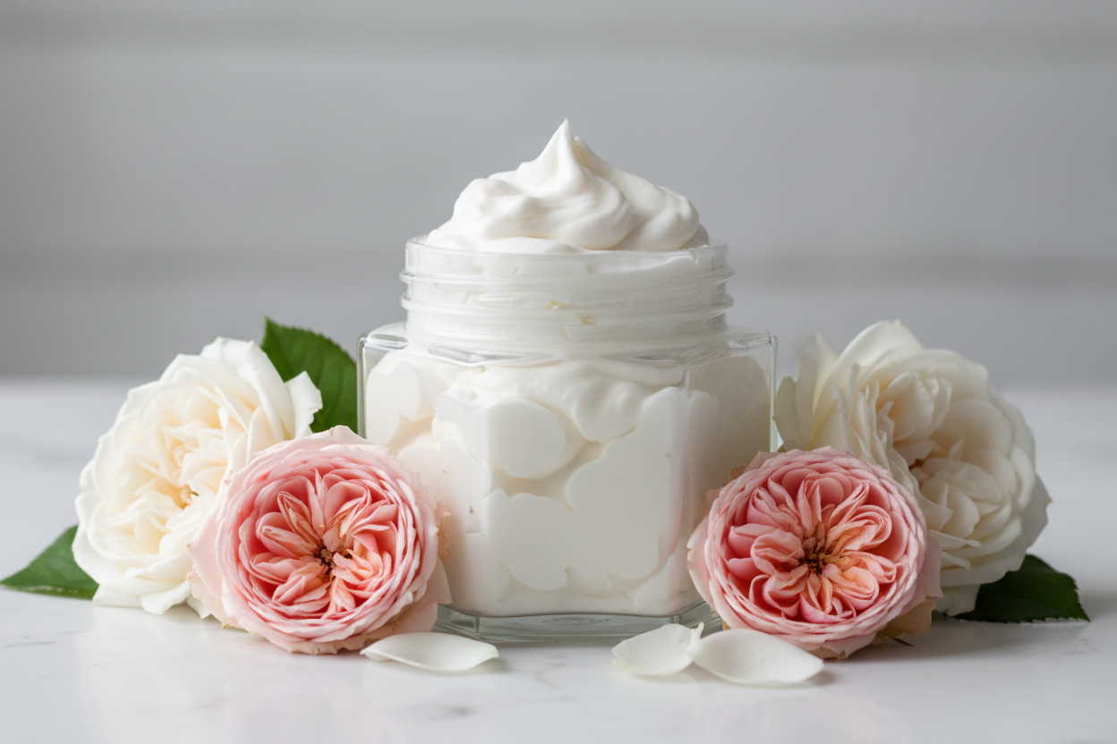 hexagonal glass jar without a lid without label filled with white whipped body butter with roses