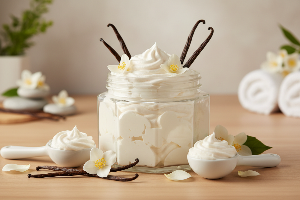 hexagonal glass jar without a lid without label filled with white whipped body butter with vanilla pods and flowers and white ice cream scoops