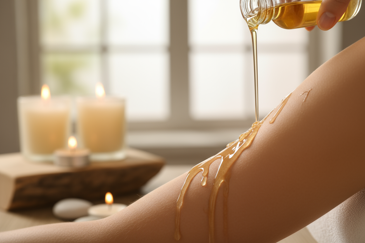 lightly yellow coloured body oil poured over skin in a spa 