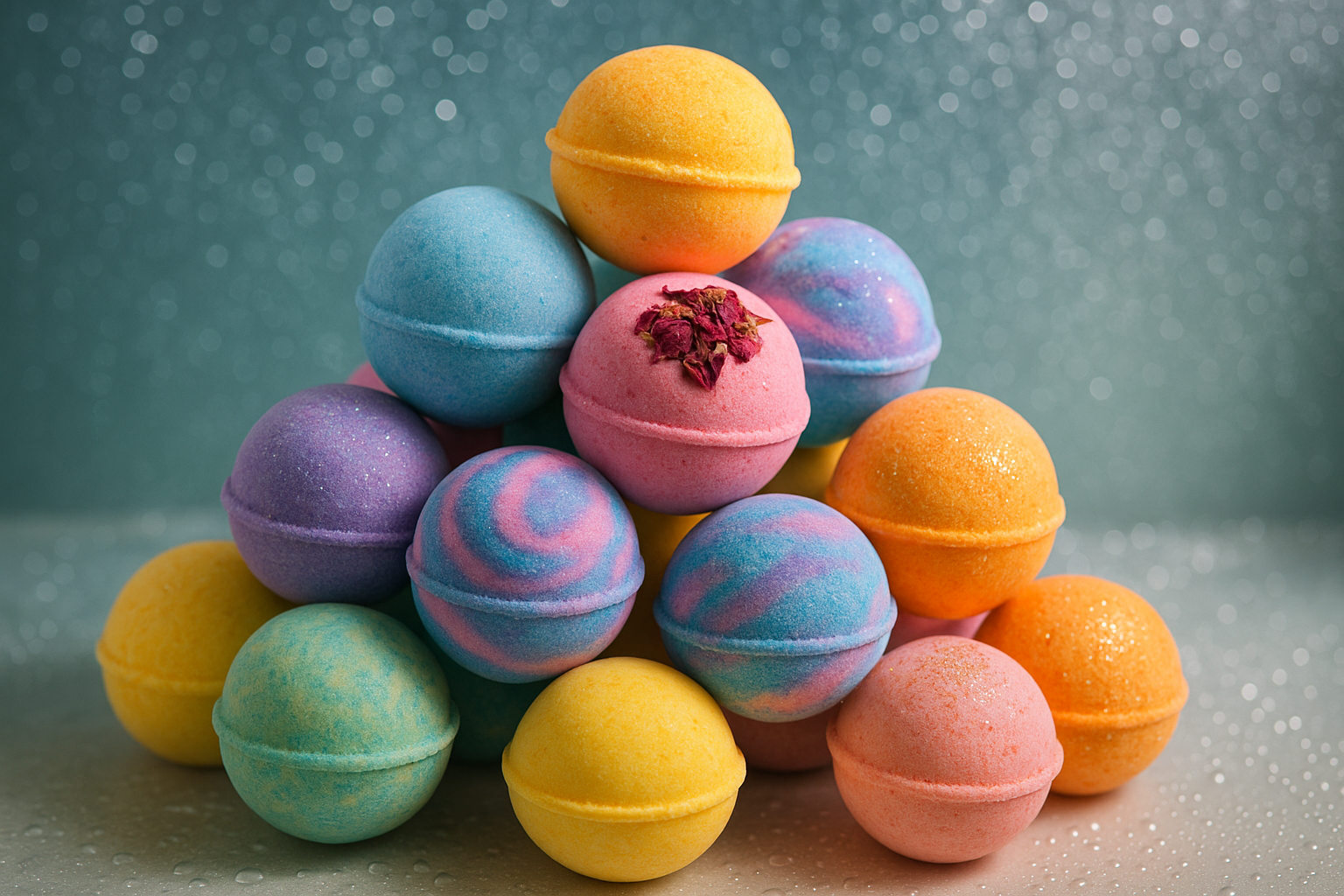 mountain of colourful bath bombs with water droplets in background
