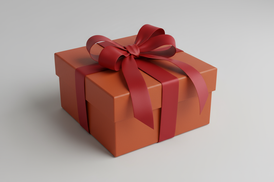 orange gift box with red ribbon