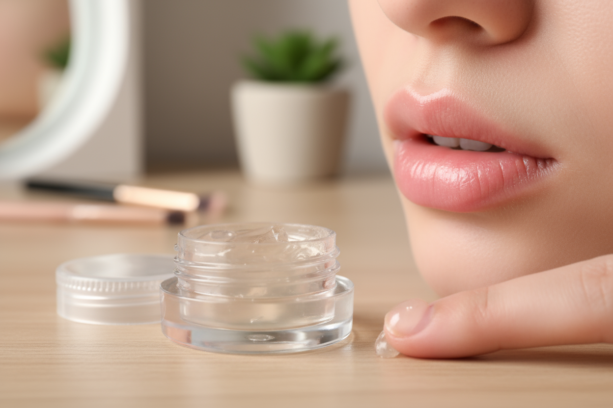 petroleum jelly lip balm in a clear plastic 5ml container next to moisturized lips