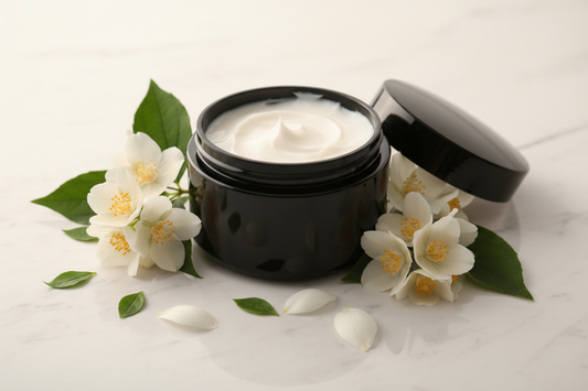white body butter cream in a black plastic jar with jasmine flowers