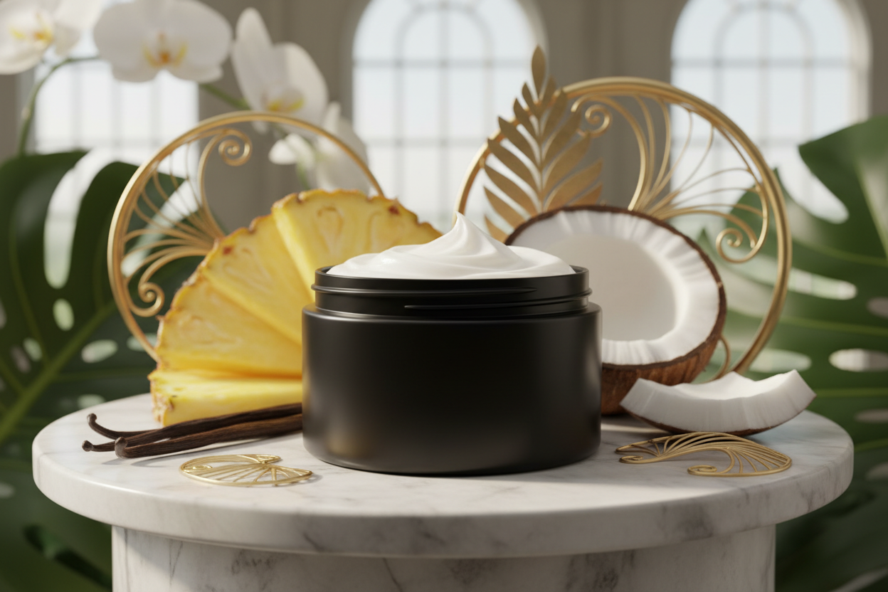 white body butter cream in a black plastic jar with pineapple vanilla and coconut in the background