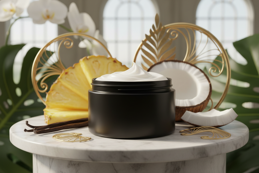 white body butter cream in a black plastic jar with pineapple vanilla and coconut in the background