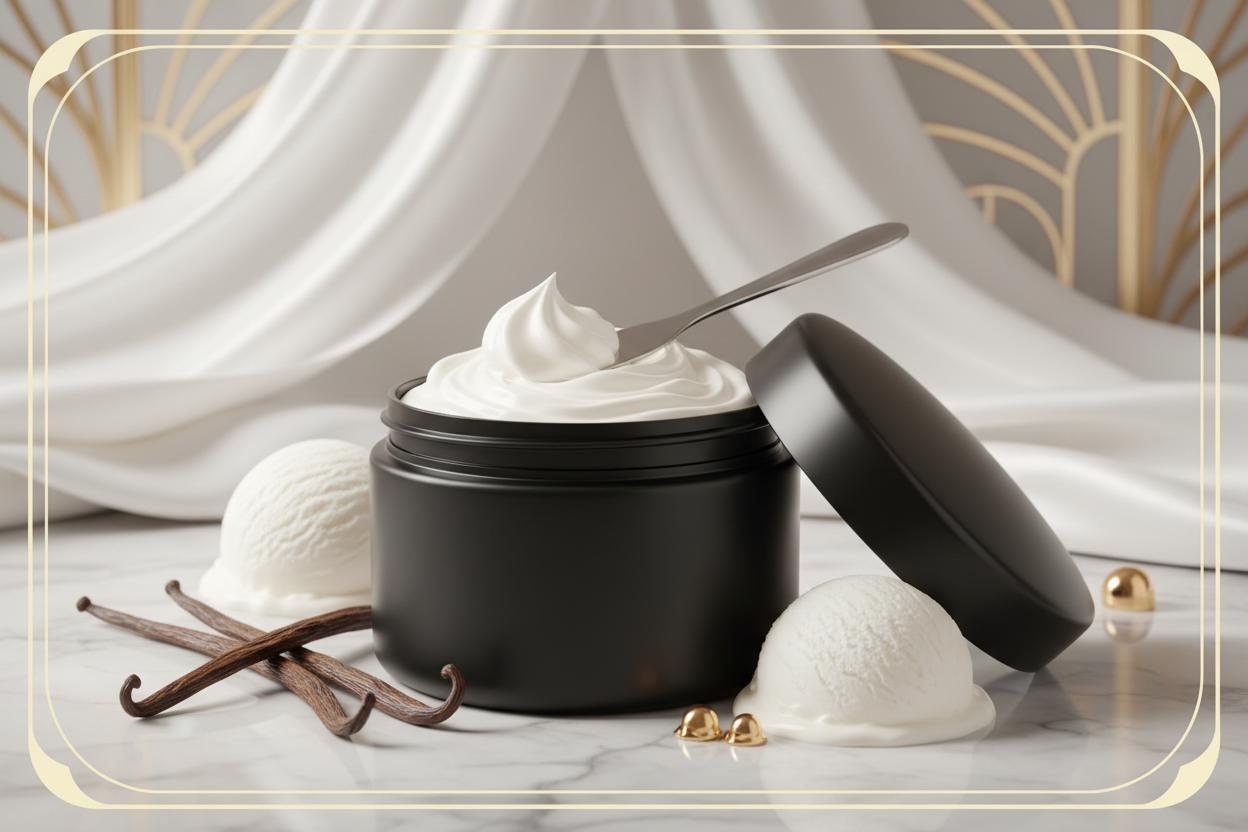 white body butter cream in a black plastic jar with vanilla pods and white ice cream scoops