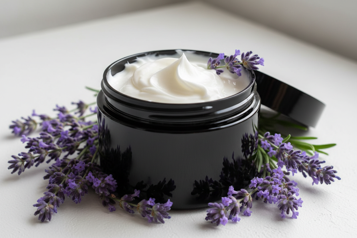 white body butter cream in a black plastic jar without labels with lavender flowers