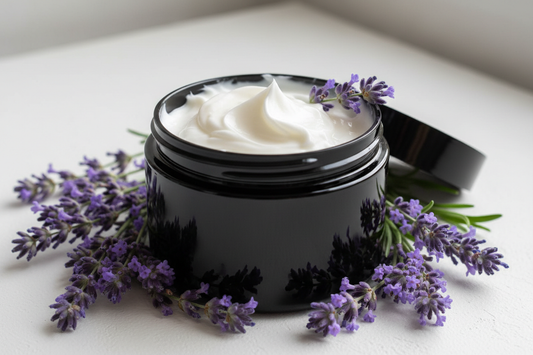 white body butter cream in a black plastic jar without labels with lavender flowers