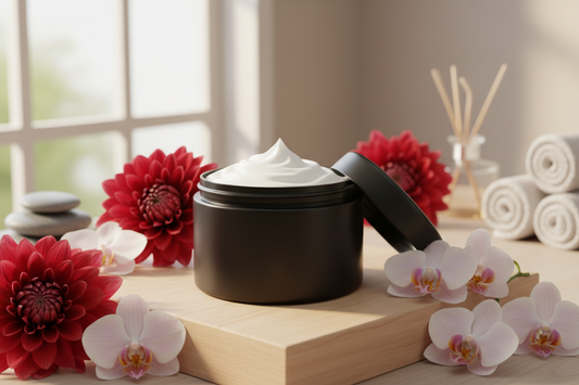 white body butter cream in a black plastic jar without labels with red dahlia and orchid