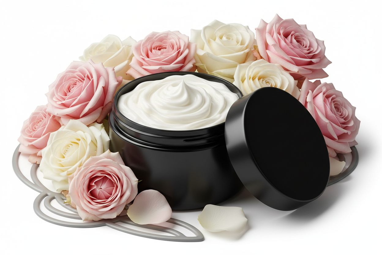 white body butter cream in a black plastic jar without labels with roses 