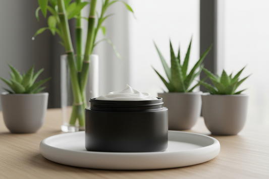 white body butter cream in black plastic jar with Bamboo and Aloe in the background
