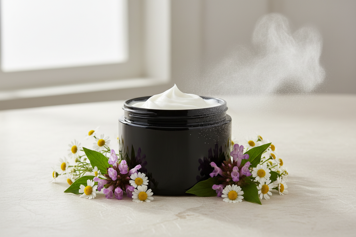 white body butter in black plastic jar without label with white field flowers and a puff of powder with a few patchouli flowers