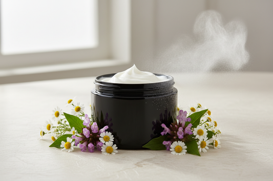 white body butter in black plastic jar without label with white field flowers and a puff of powder with a few patchouli flowers